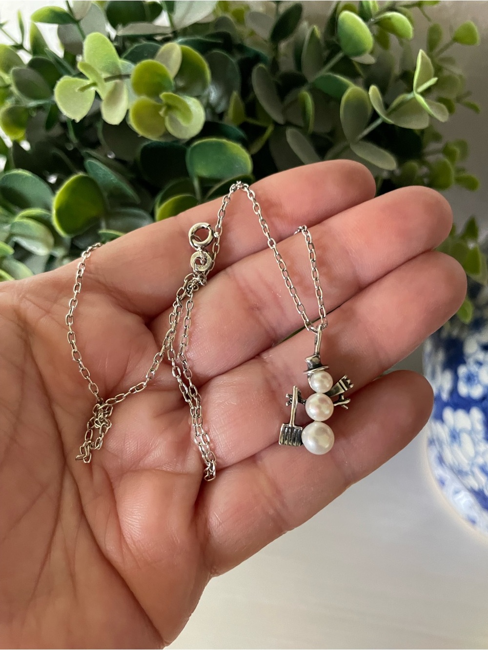 Sterling Silver 925 Dakota West Shube Pearl Snowman Winter Pendant Necklace 17”